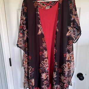 Floral Kimono Cardigan with burnt orange dress with pockets.